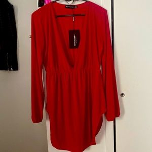 Red slinky plunge extreme split dress